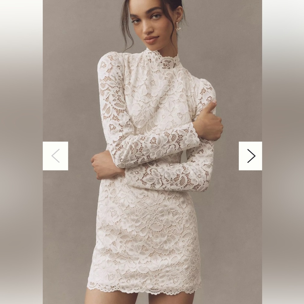 BHLDN Long-Sleeve Mock-Neck Lace Stretch Satin Mini Dress